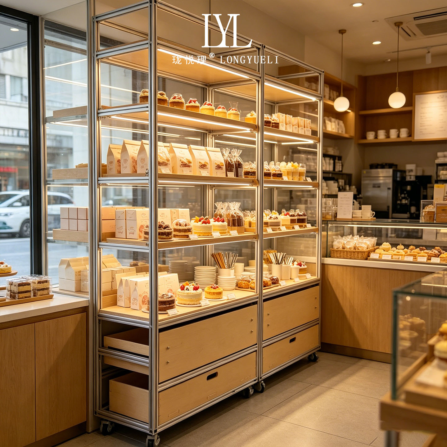 烘焙商用面包货架 蛋糕甜品斜层展示柜 带抽屉原木陈列架可定制图片