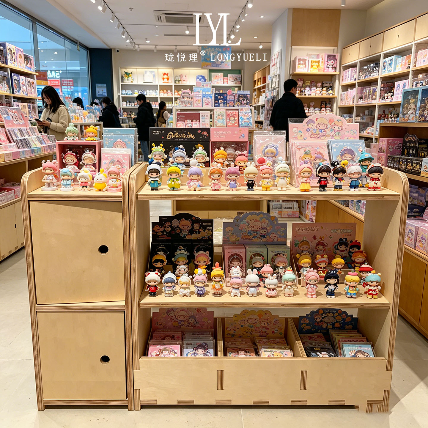 文具礼品店木质中岛柜 手办卡牌周边多层开放格落地展示货架图片