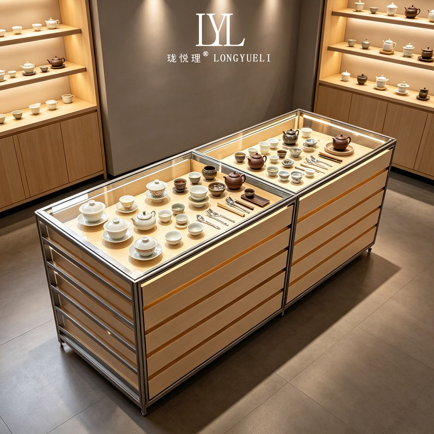 木质茶具展示柜多层收纳柜商用陈列柜带锁展示架置物柜中岛台图片