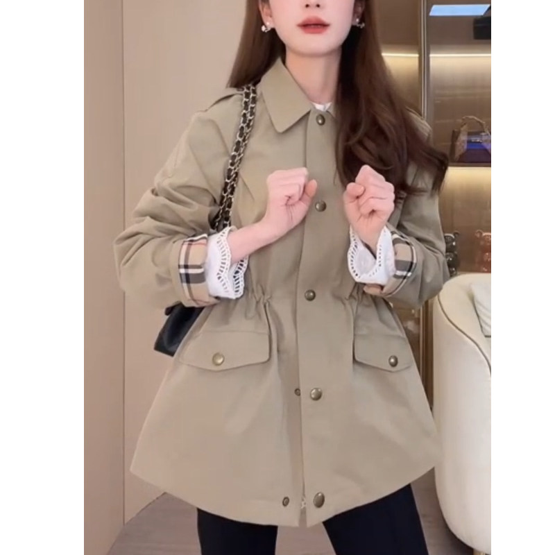 复古袖口格纹设计感卡其色风衣女中长款轻奢气质收腰抽绳夹克外套