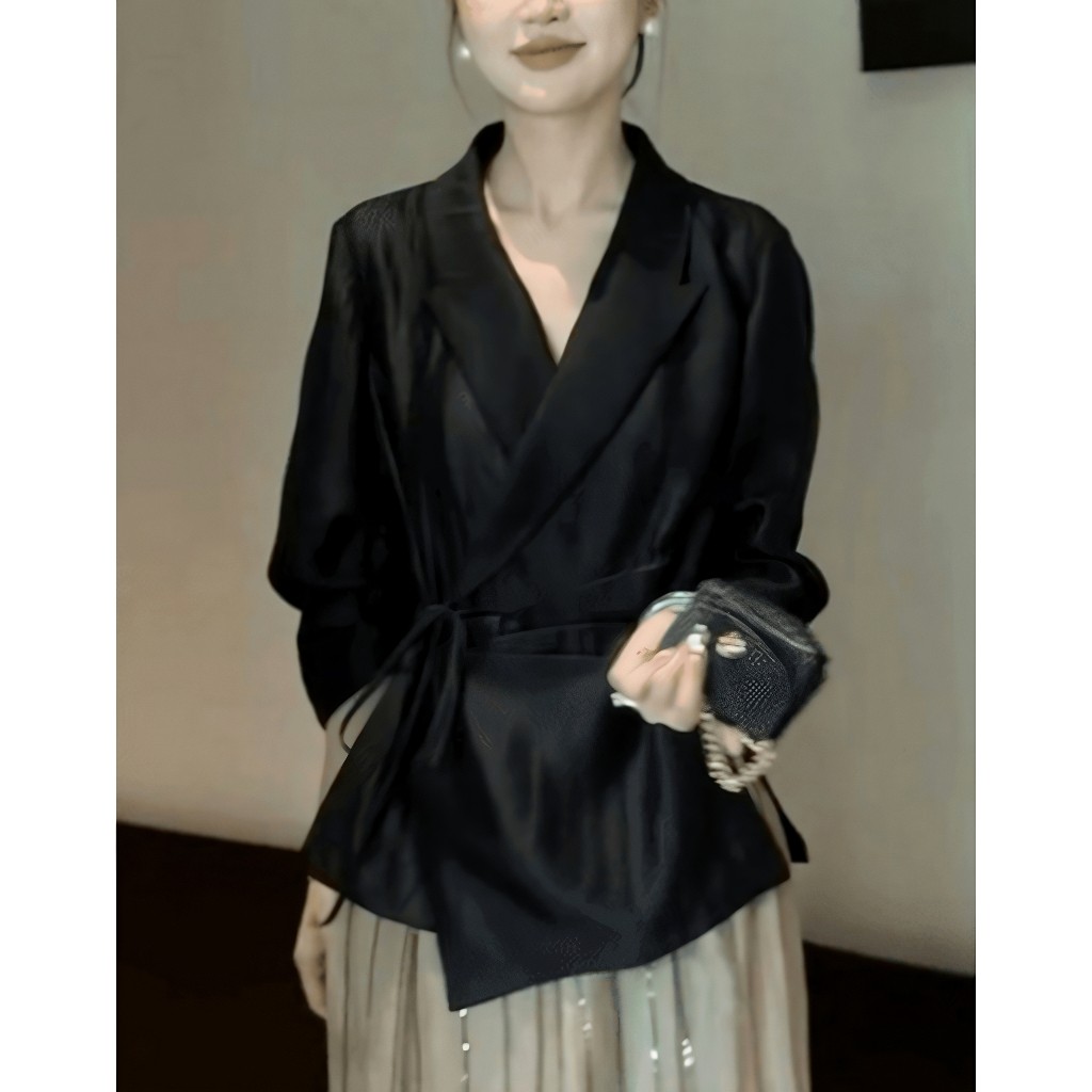 黑色流光醋酸缎面薄款西装外套女