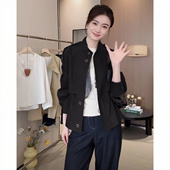 复古单排扣小立领夹克女黑色外套春秋款 可调节收腰抽绳显瘦短风衣