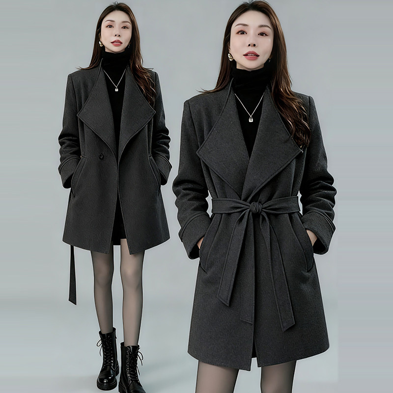 复古大翻领风衣外套女中长款小个子高级感系带大衣羽绒服2025秋冬