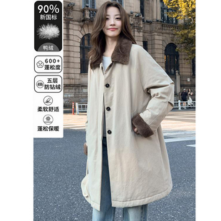 过年穿毛领派克羽绒服女中长款工装风加厚保暖长款羽绒大衣外套