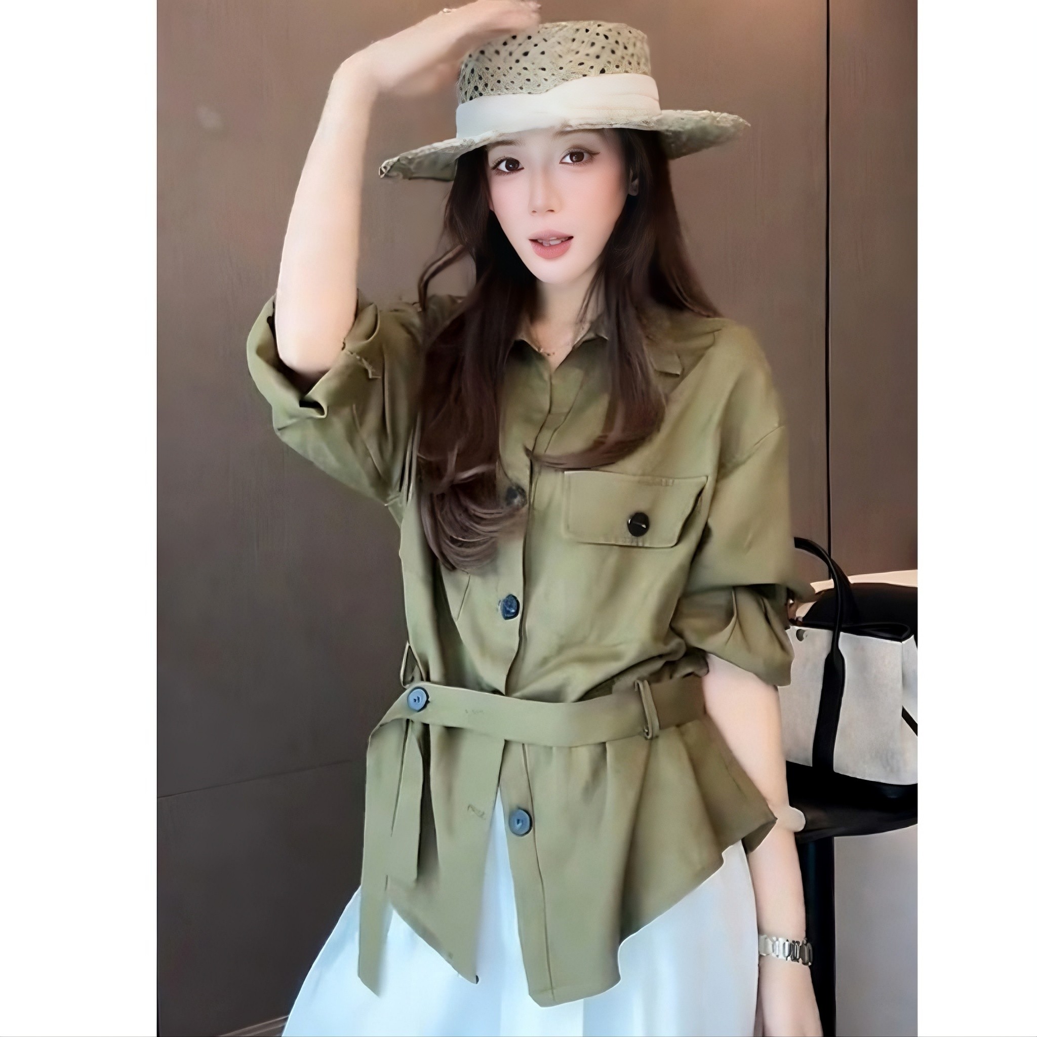橄榄绿天丝防晒衬衫女夏季松弛感老钱风白色系带亚麻薄款外搭上衣