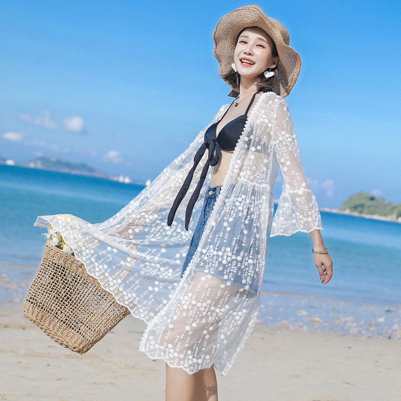 百搭海边度假沙滩裙外套蕾丝绣花开衫防晒衣泳衣女款外搭中长款潮