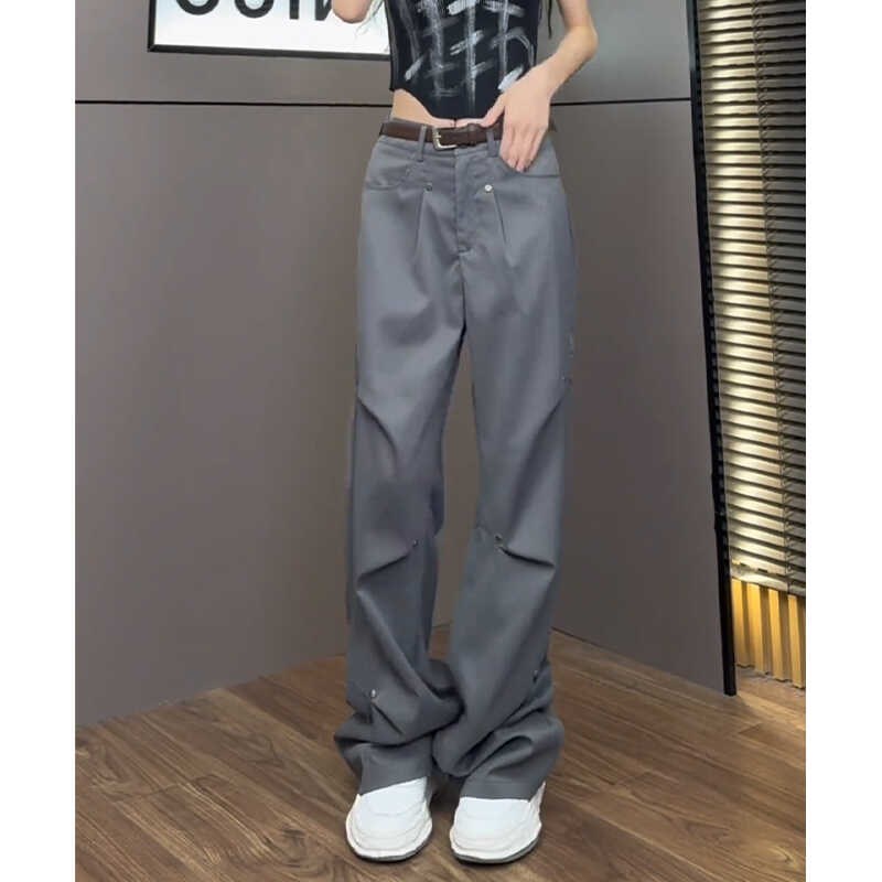 美式灰色直筒工装裤女春秋2024新款小个子高腰窄版西装休闲裤卫裤