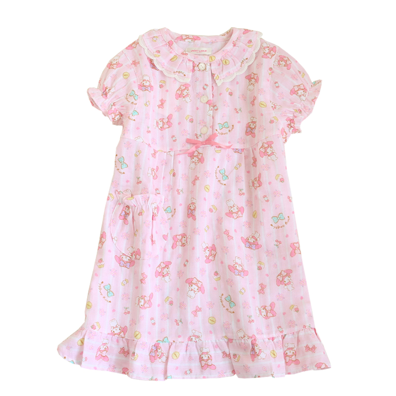 女童睡裙夏薄款纯棉纱布睡衣儿童短袖中长款家居裙子女孩可爱卡通