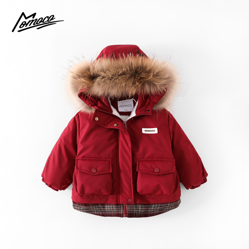 MOMOCO冬季新款男女童时尚洋气宽松加厚红色连帽棉服75480101038
