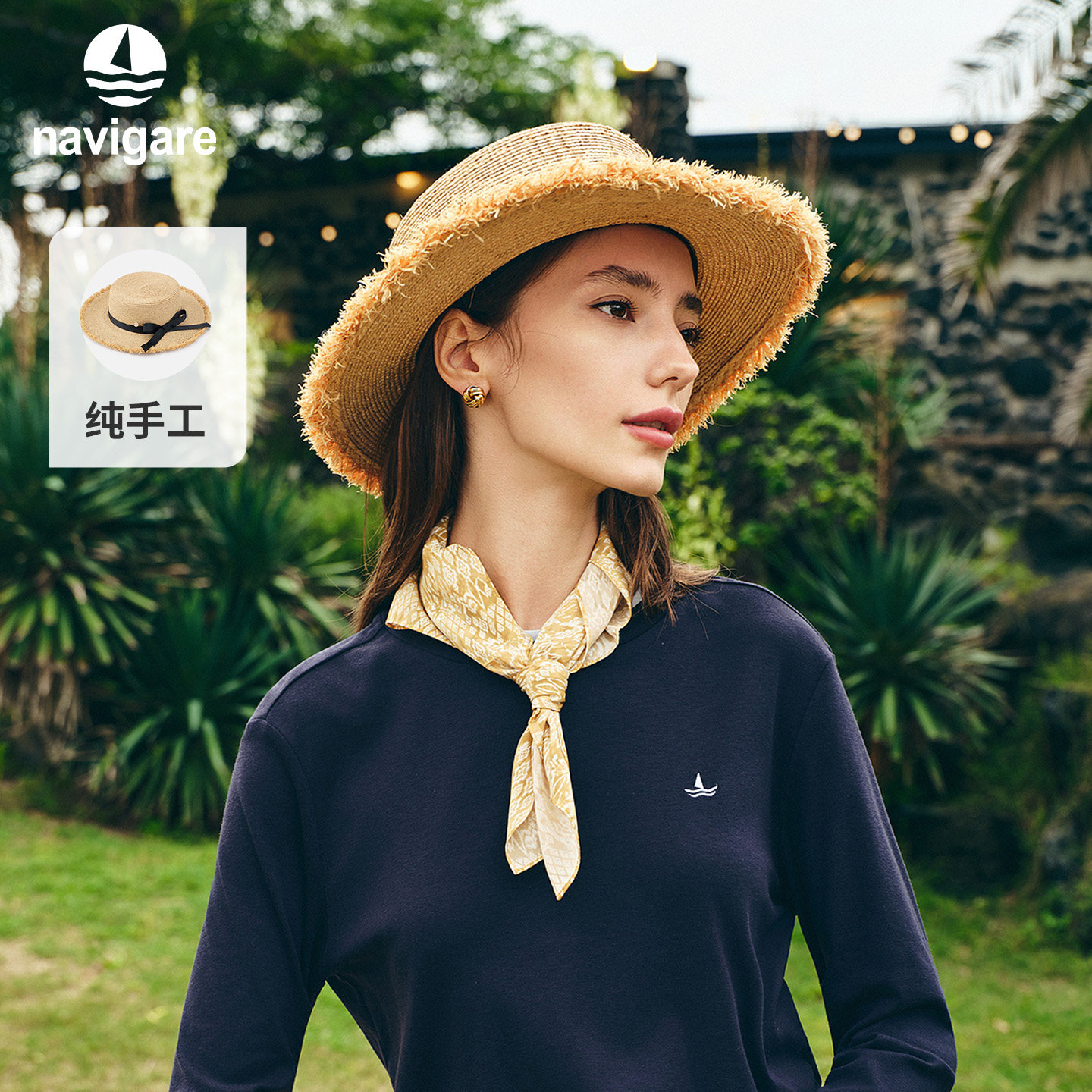 navigare意大利小帆船大檐手工编织防晒遮阳帽女夏法式度假草