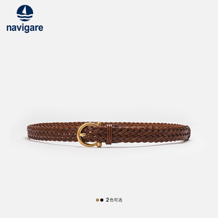 navigare意大利小帆船百搭休闲编织腰带女真皮针扣时尚牛皮裤带