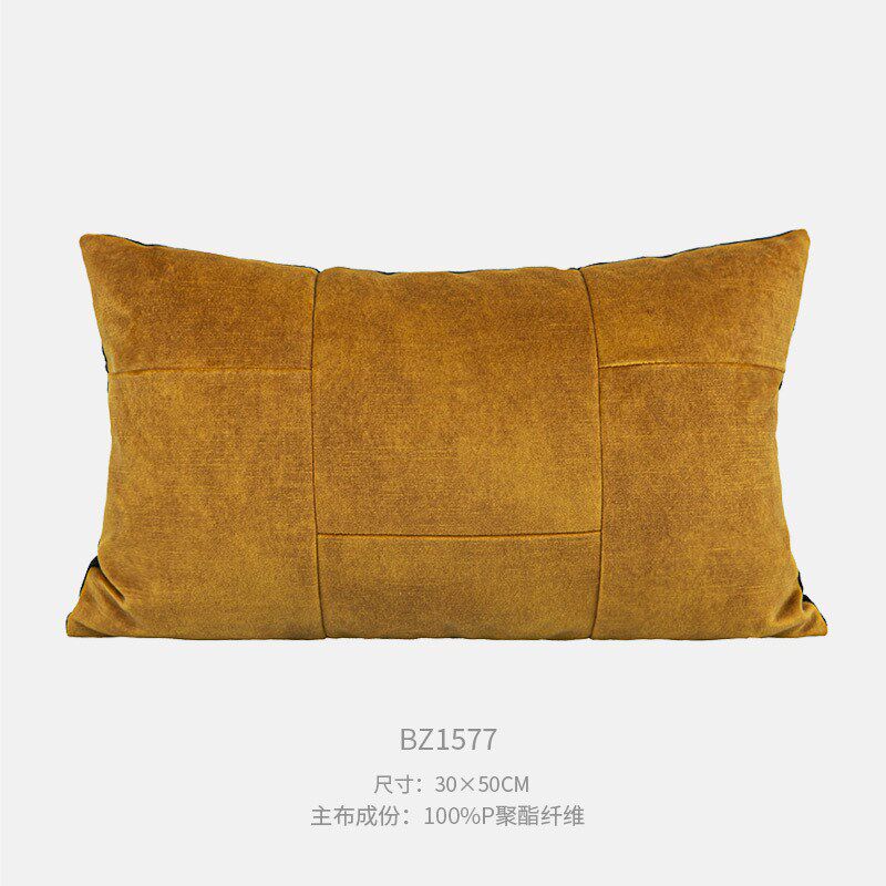 复古轻奢丝绒抱枕靠垫高档中古金黄色绒面拼接样板房软装方枕腰枕