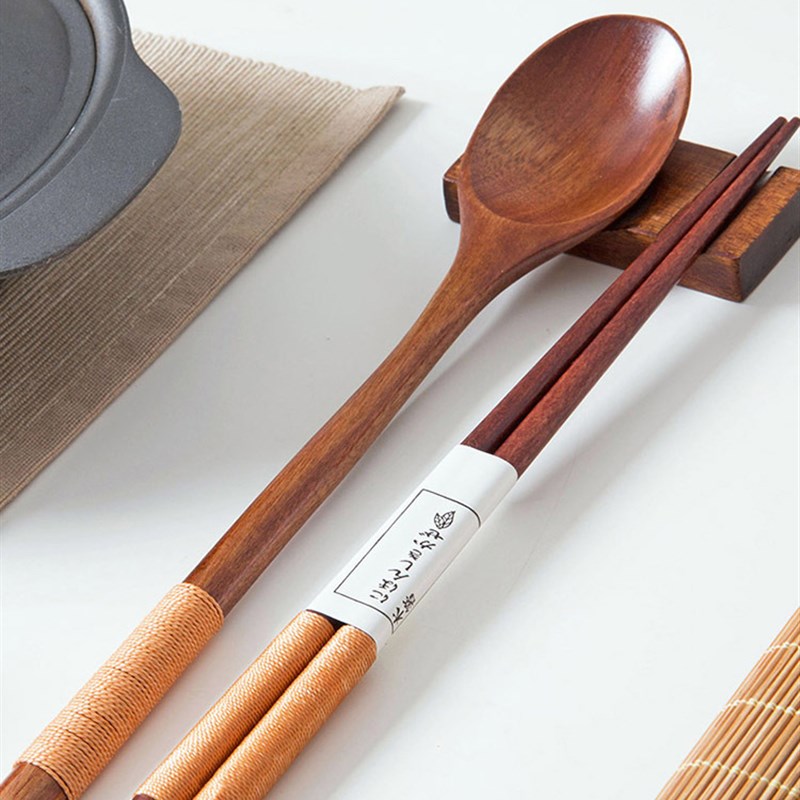 日式木质筷子勺子学生筷子盒便携餐具盒套装木勺上班族带饭三