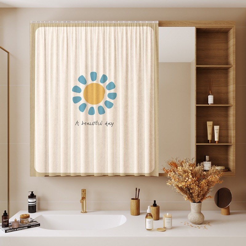 梳妆台镜子遮挡帘滑轨免打孔门帘遮镜帘子卫生间洗漱台遮盖布