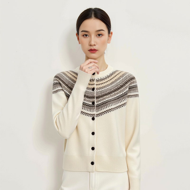 【大潘专享】女士100%山羊绒撞色费尔岛休闲针织衫1R9926