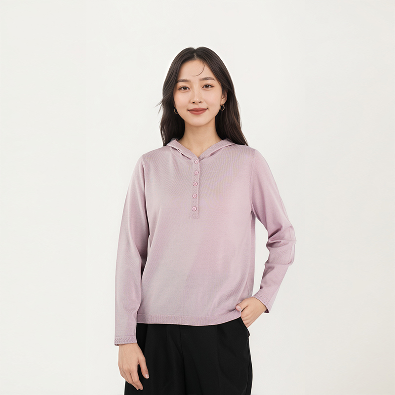 【大潘专享】可机洗100%绵羊毛女士纯色连帽羊毛衫   1N5306