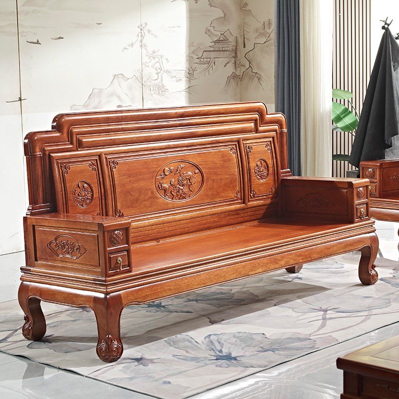 7W新中式金花梨木整装榫卯结构冬夏两用实木沙发客厅雕花菠萝格家