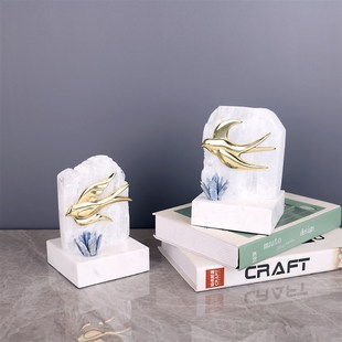 轻奢纯铜燕子石膏石客厅卧室摆件大理石底座现代家居工艺品