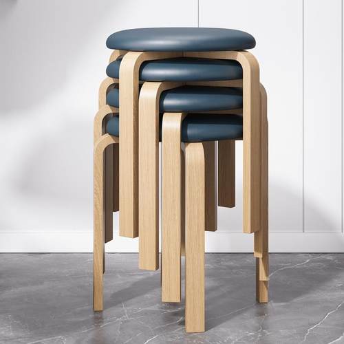 实木凳子家用可叠放软包餐凳布艺板凳简约现代客厅圆凳餐椅小矮凳