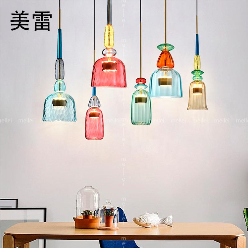 北欧马卡龙彩色玻璃吊灯餐厅店铺现代简约创意灯罩吧台餐桌小吊灯