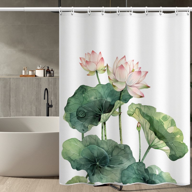微妙荷花布浴帘浴室套装隔断帘免打孔防水布门帘短帘酒店浴室布帘