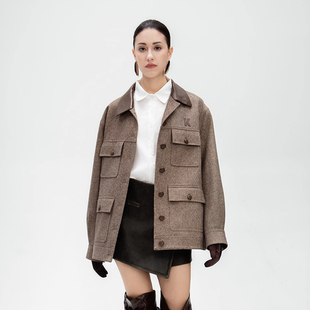 KAR PEISKOS卡珮施 闪光肌理感PU拼接贴布绣工装夹克宽松外套