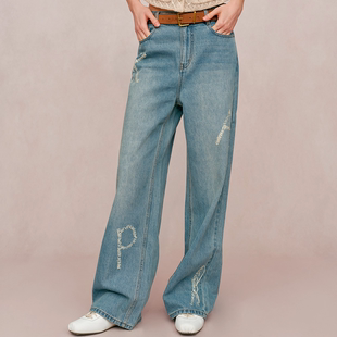 KAR PEISKOS卡珮施 明星款手工刺绣直筒宽松牛仔裤女显瘦长裤