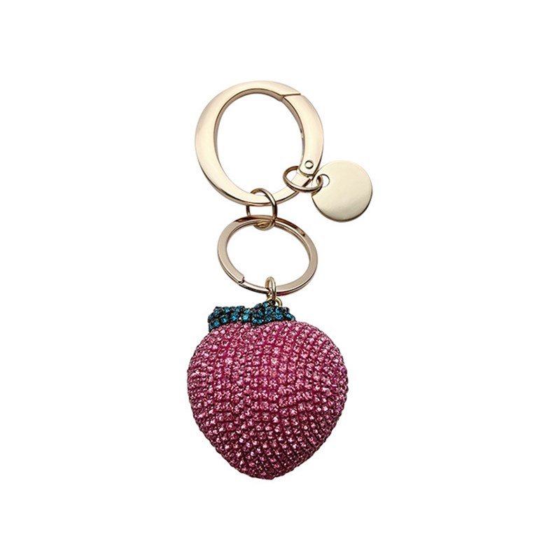 创意爪钻水蜜桃子钥匙扣满钻水晶可爱大圆扣金属弹簧车钥匙链挂件