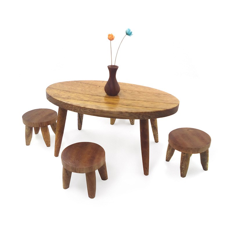 1:12娃娃屋配件dollhouse迷你中式椭圆桌凳一套仿真生活场景模型