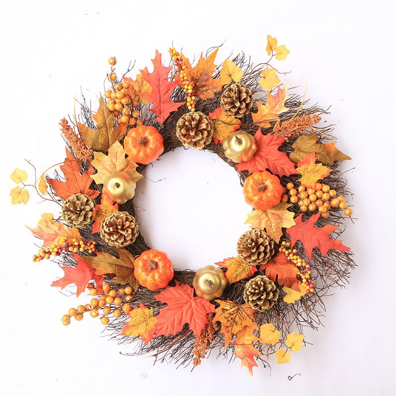 丰收节60CM枫叶藤编感恩节花环门挂藤条装饰品秋色金南瓜浆果藤圈