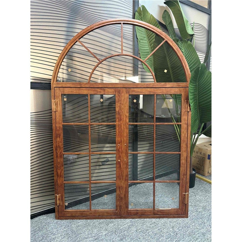 定制木纹窗户拱形玻璃窗铝合金窗金属铁材质圆形开 门左右拉门窗