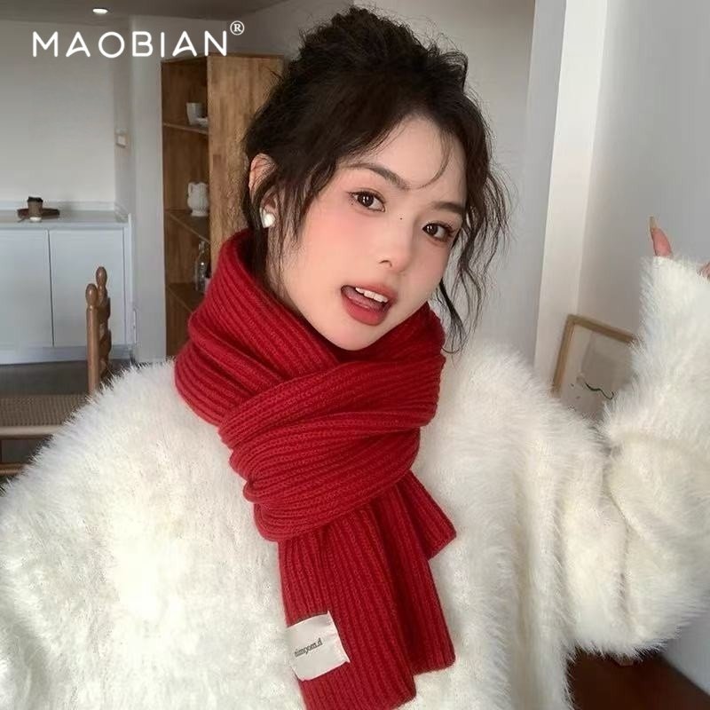 氛围感新年红色围巾女冬季2025新款韩版圣诞节保暖加厚毛线围脖潮