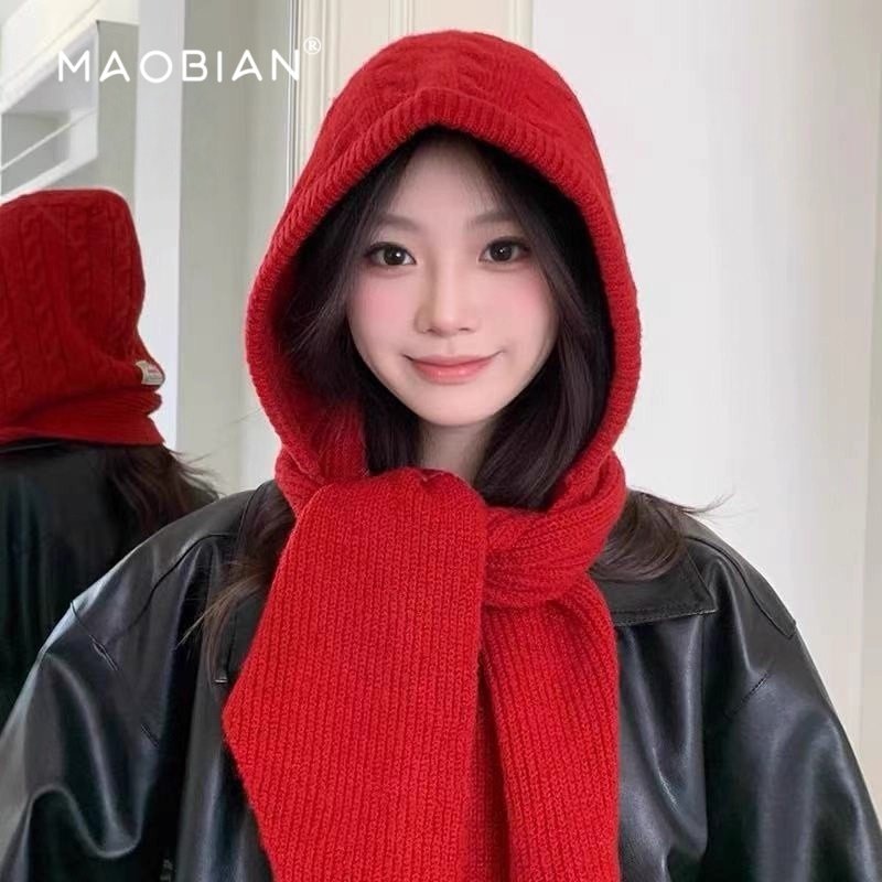 红色羊毛巴拉克拉法帽女冬季帽子围巾一体针织帽保暖雷锋帽毛线帽