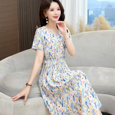 2025新款高端棉绸连衣裙女夏气质收腰碎花外穿人造棉大摆绵绸裙子