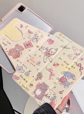 可爱猫咪360度旋转三折亚克力iPad保护壳适用苹果ipad pro11保护套带笔槽mini7磁吸翻盖全包防摔air567平板套
