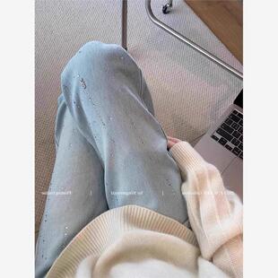 覆古浅蓝色热钻石阔腿牛仔裤2023夏季新高腰覆盖臀部修身直筒裤