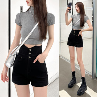 高腰短裤女夏季2025新款外穿a字显瘦紧身收腹遮肚子辣妹黑色热裤