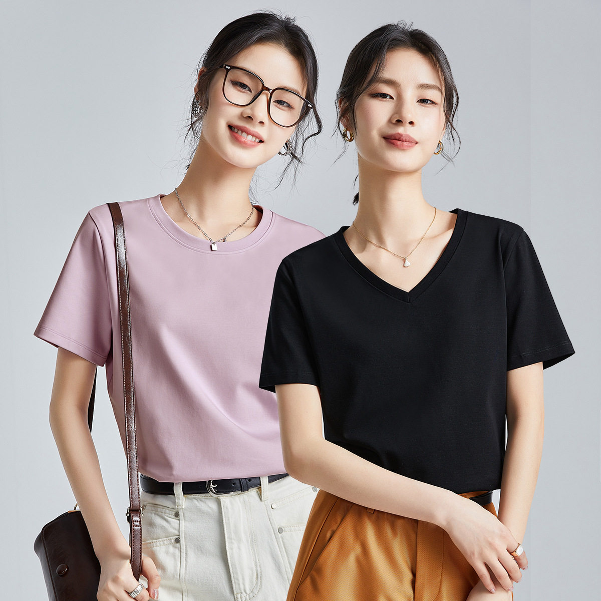 80支双面丝光棉修身简约白色短袖t恤女夏季2026年新款圆领打底衫