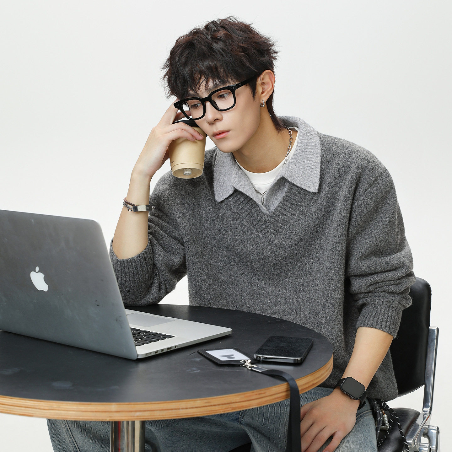 老钱风质感假两件V领毛衣男秋冬新款复古翻领polo针织衫保暖外套