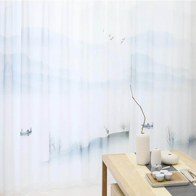 水墨画印花窗纱山水画茶楼卧室数码窗帘成品新中式雪纺纱纱帘飘窗