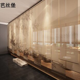 风景遮光窗帘卷拉式 定制复古卷帘新中式 升降手拉免打孔客厅办公室