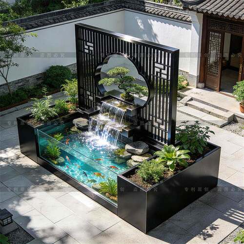 不锈钢庭院屏风隔断流水背景墙景观造景鱼池花箱新中式别墅园影壁