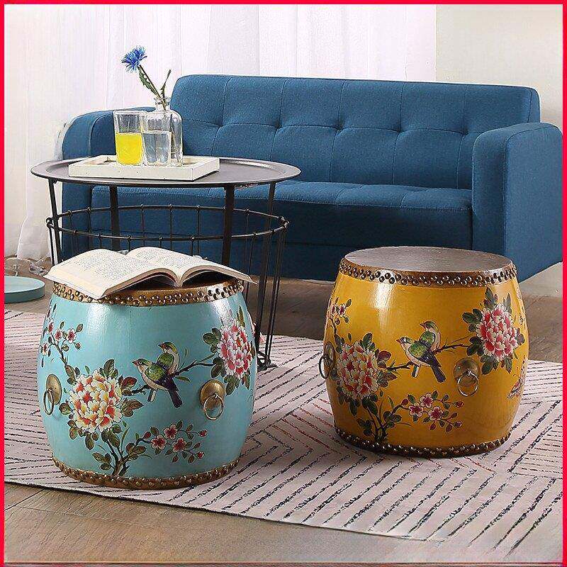 鼓凳牛皮彩绘圆凳新中国风实木刺绣墩古筝凳中国风换鞋凳美式堂鼓