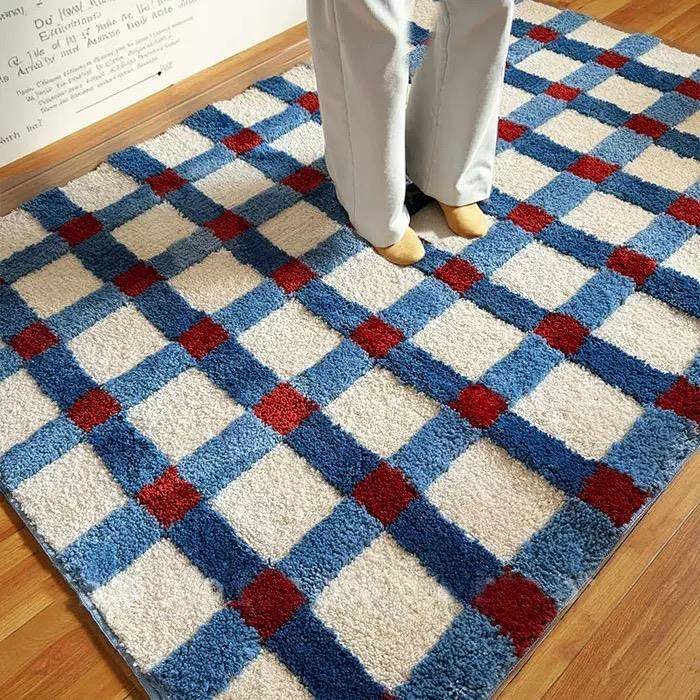 ins 中古覆古韩式海蓝格纹博主卧室客厅地毯衣帽间簇绒地毯床边毯