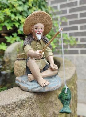 姜太公钓鱼假山鱼缸流水盆景摆件钓鱼翁老头亭子家居饰品桌面装饰