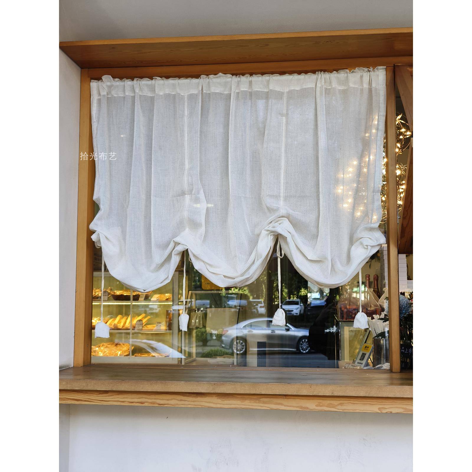 日式亚麻提拉帘弧形拱形门帘覆古罗马帘魔术贴系带半帘升降帘隔断