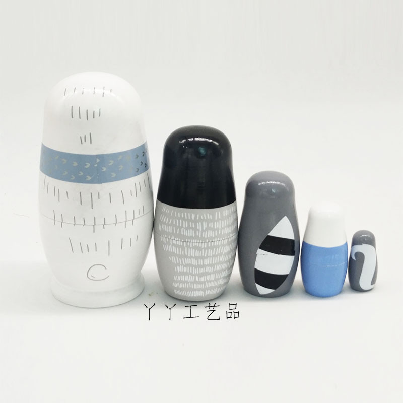 五层白熊俄罗斯套娃动物款圣诞生日礼物幼儿园教具木制工艺品摆饰