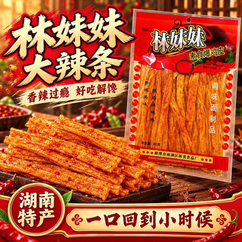 林妹妹素食鸡皮条爆鸡皮湖南特产香辣手撕辣条怀旧追剧解馋小零食