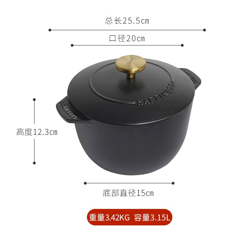 铸铁焖煮锅家用多功能炖锅无涂层迷你小饭釜煮粥汤锅不粘锅