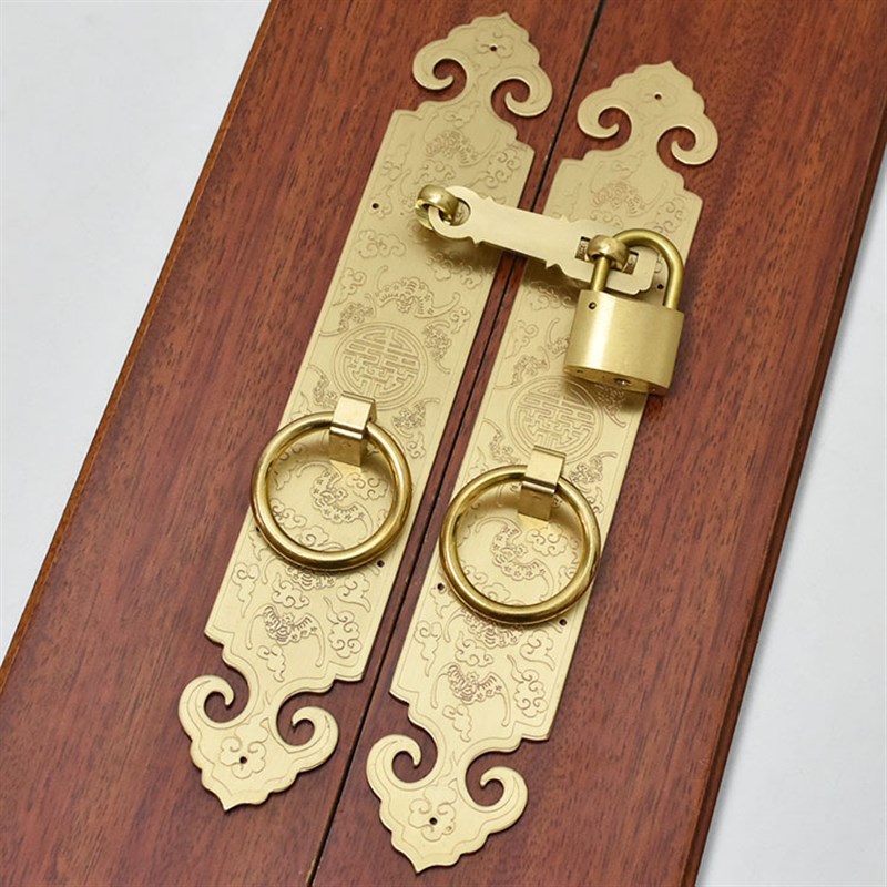 纯铜锁扣拉手中式仿古实木大门拉环柜门把手全铜复古挂锁门栓搭扣